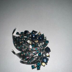 Silver and Blue Gemstone Leaf Brooch